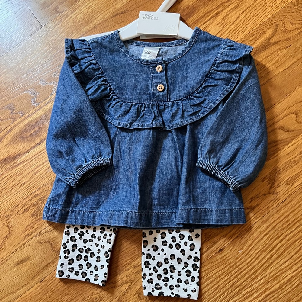 2 piece set- leopard pants with chambray long sleeve shirt NWT